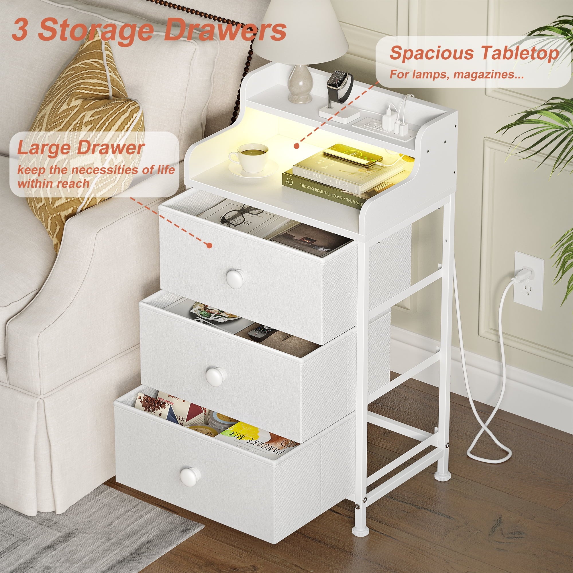 3 Drawers Nightstand with Charging Station, Bedside Table with LED Light, Modern End Side Table for Bedroom Living Room，White