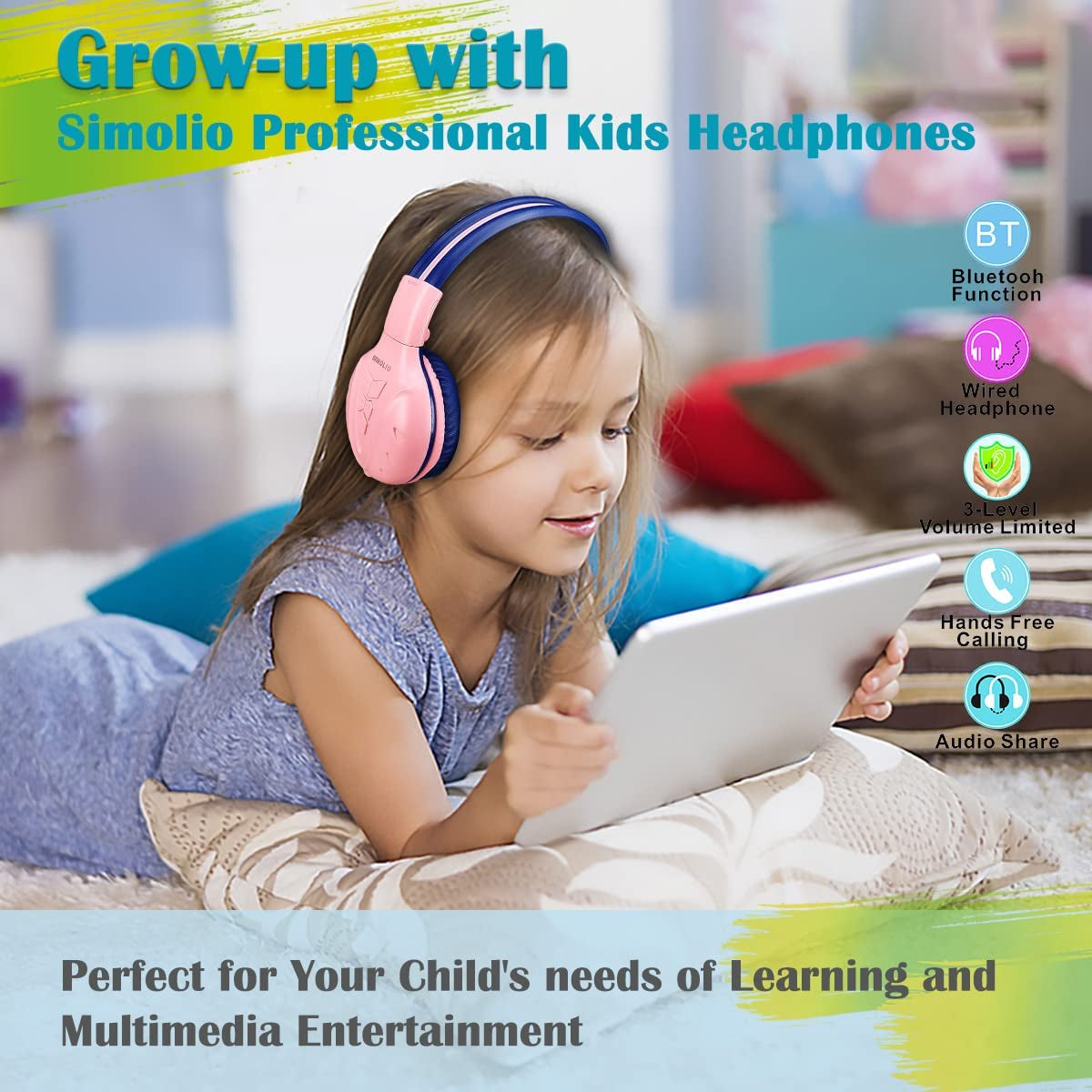 Kids Wireless Headphones Girls with Volume Limited, Bluetooth Headphones with Microphone, Foldable and Adjustable, Stereo Wireless Over-Ear Headset for Children Ipad Kindle Fire Tablet Pink