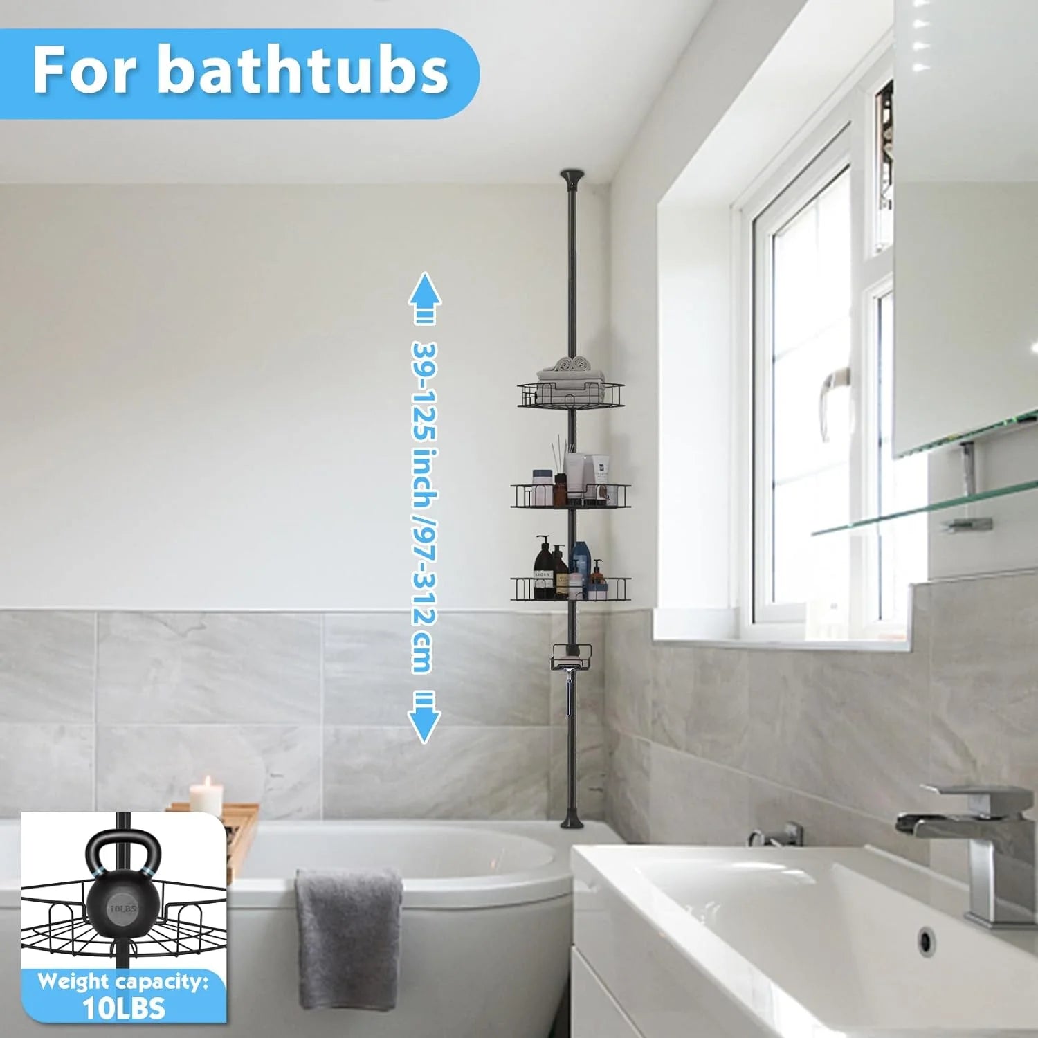 Shower Organizer Caddy 39-125" Stainless Steel Shower Shelves Rack for inside Shower Bathroom Bathtub Caddy Rustproof Tension Pole Black