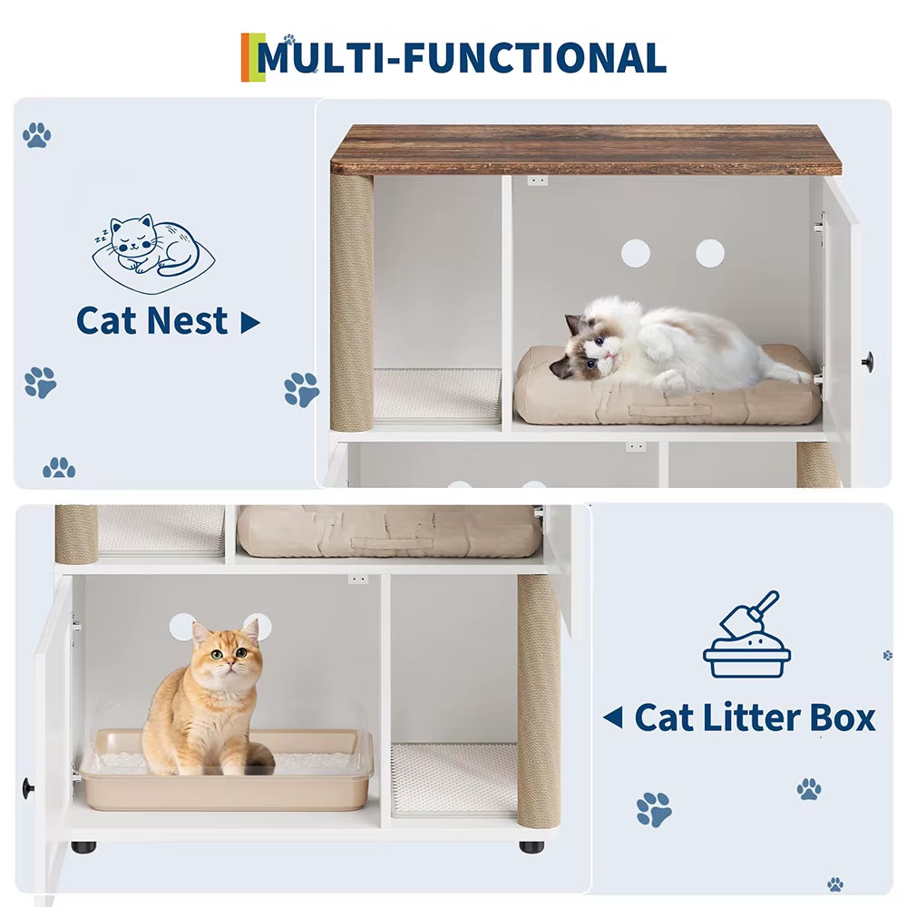 31.5'' 2 Tiered Cat Litter Box Enclosure Double Litterbox Furniture with Scratch Posts & Litter Mats Wood Cat Washroom