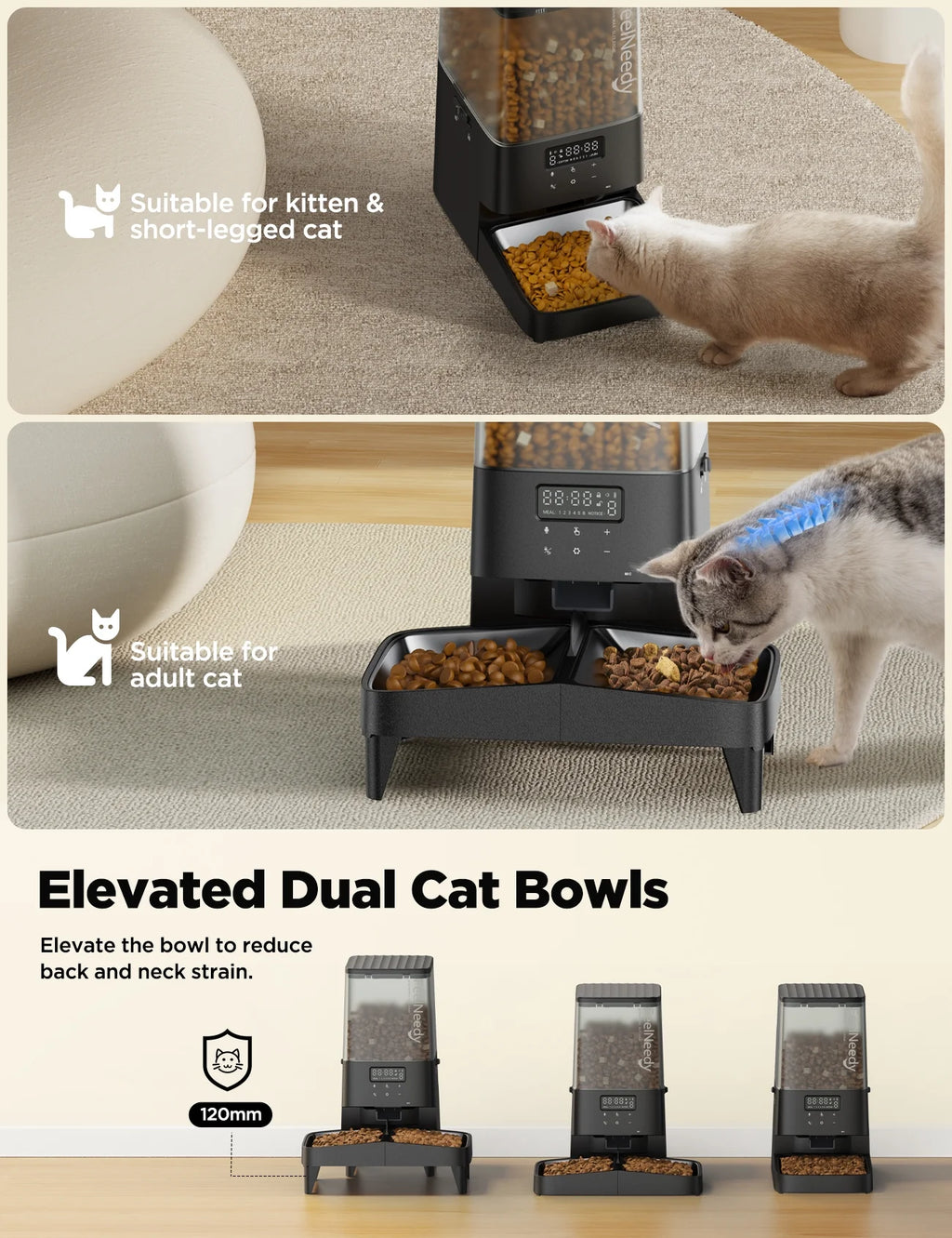 Automatic Cat Feeder, 5L Timed Pet Food Dispenser, Elevated Cat Dog Feeder with 2 Stainless Steel Bowls, Black