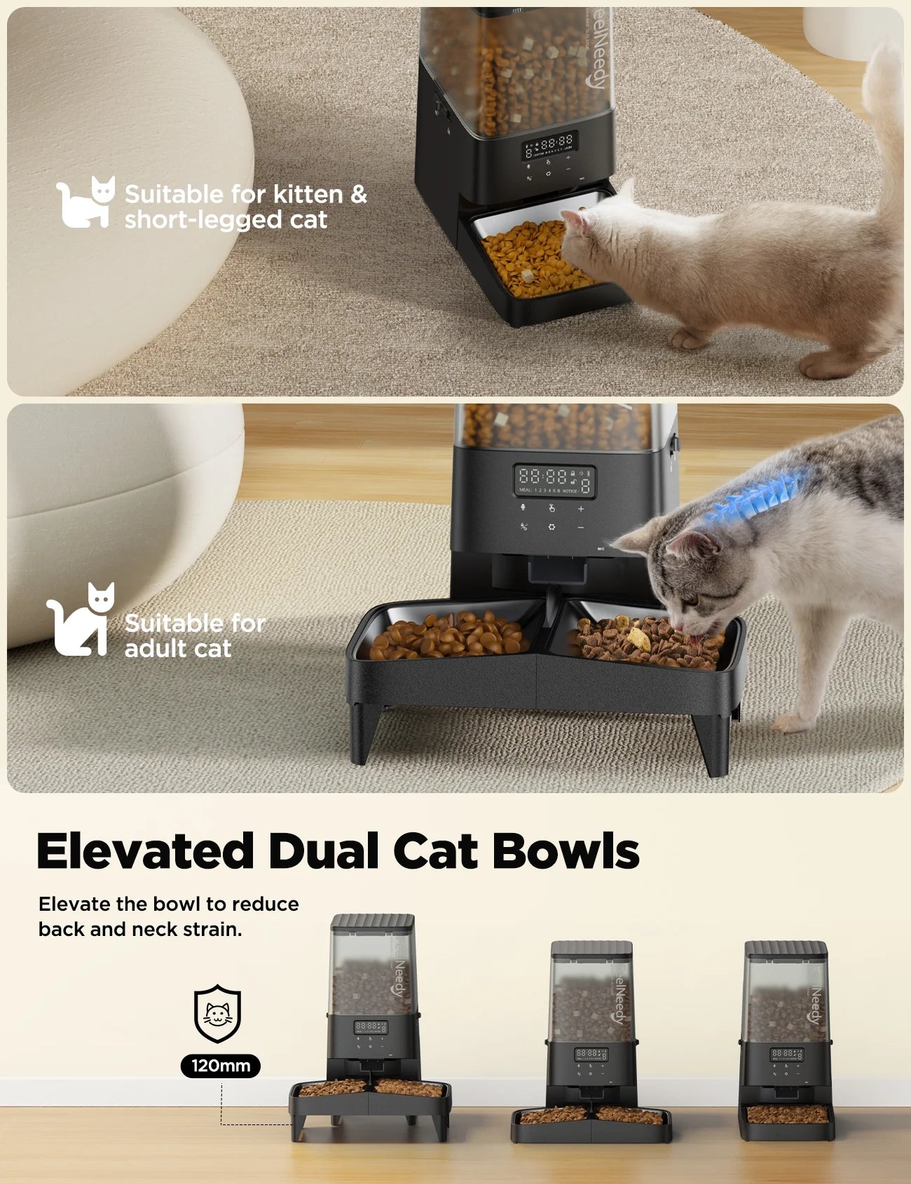 Automatic Cat Feeder, 5L Timed Pet Food Dispenser, Elevated Cat Dog Feeder with 2 Stainless Steel Bowls, Black