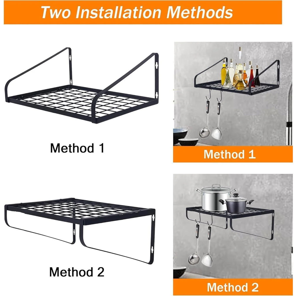 Black Steel Wall Mounted Hanging Pot Rack with 8 Hooks for Kitchen Cookware and Utensils, 2 DIY Methods