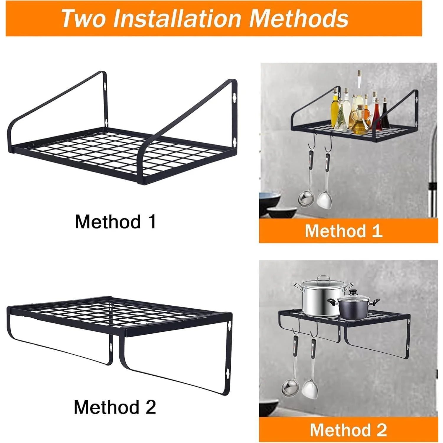 Black Steel Wall Mounted Hanging Pot Rack with 8 Hooks for Kitchen Cookware and Utensils, 2 DIY Methods