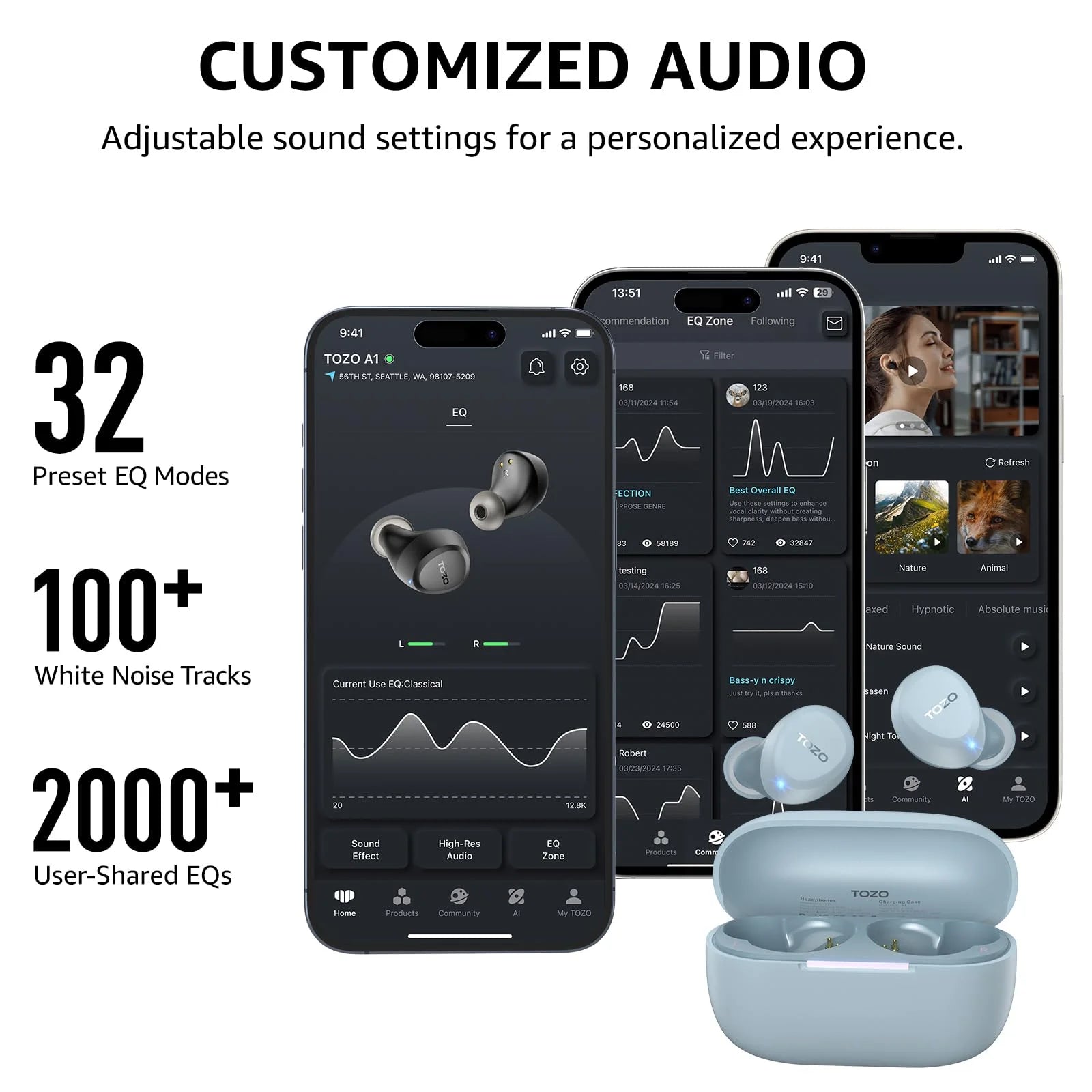 A1 Mini Earbuds Bluetooth Wireless Headphones, 32H, AI Noise Cancelling Mic, Stereo Bass, Clear Calls, Lightweight IPX5 Waterproof, App 32EQ, Blue