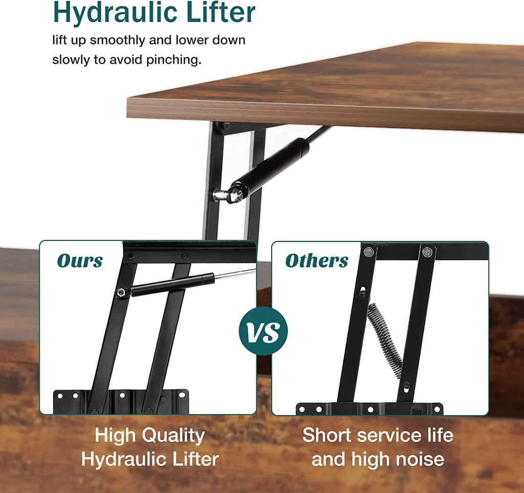 Adjustable Height Wooden Coffee Table with Hidden Compartments and Shelves - Perfect for Small Homes, Apartments, Reception Rooms, Rust Brown
