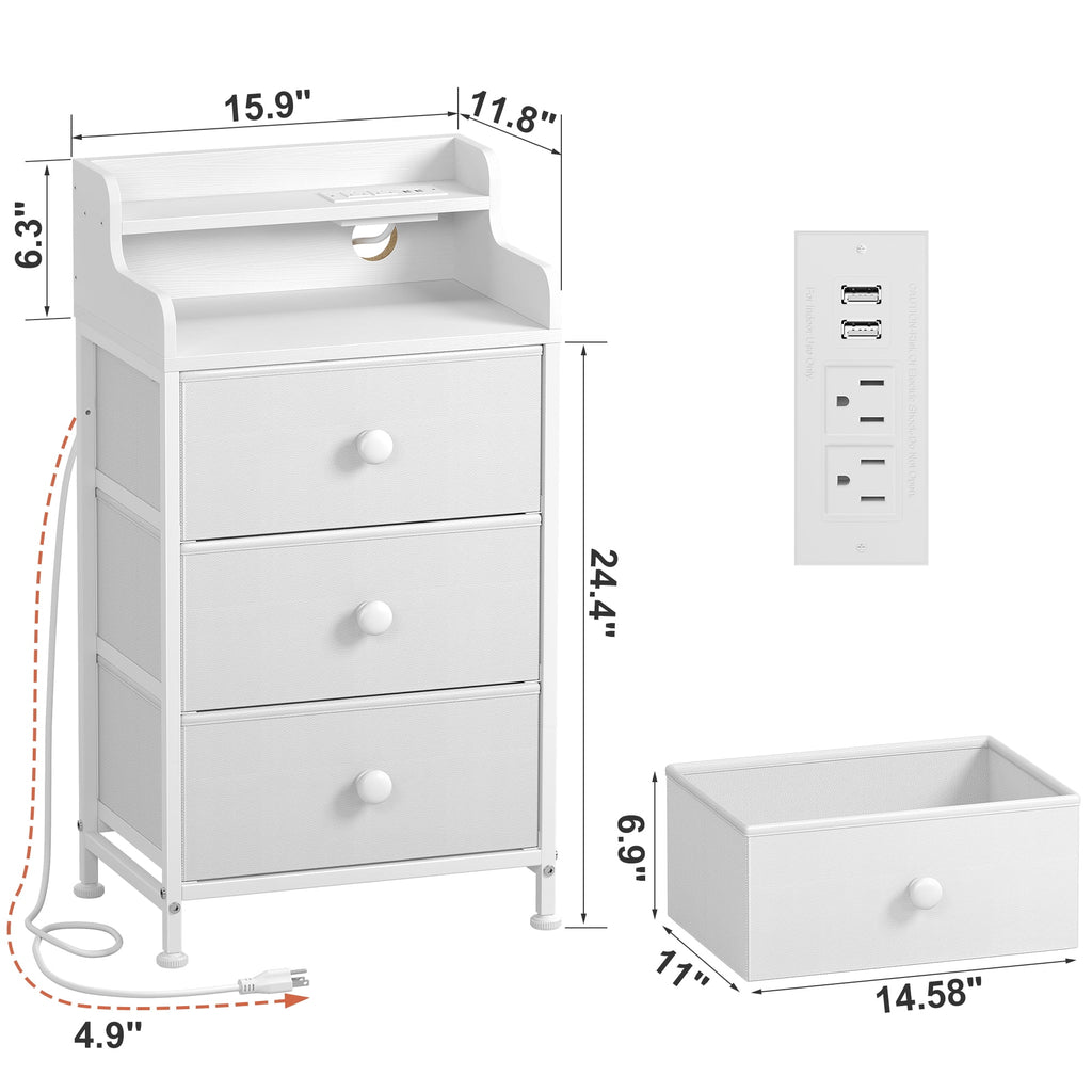 3 Drawers Nightstand with Charging Station, Bedside Table with LED Light, Modern End Side Table for Bedroom Living Room，White