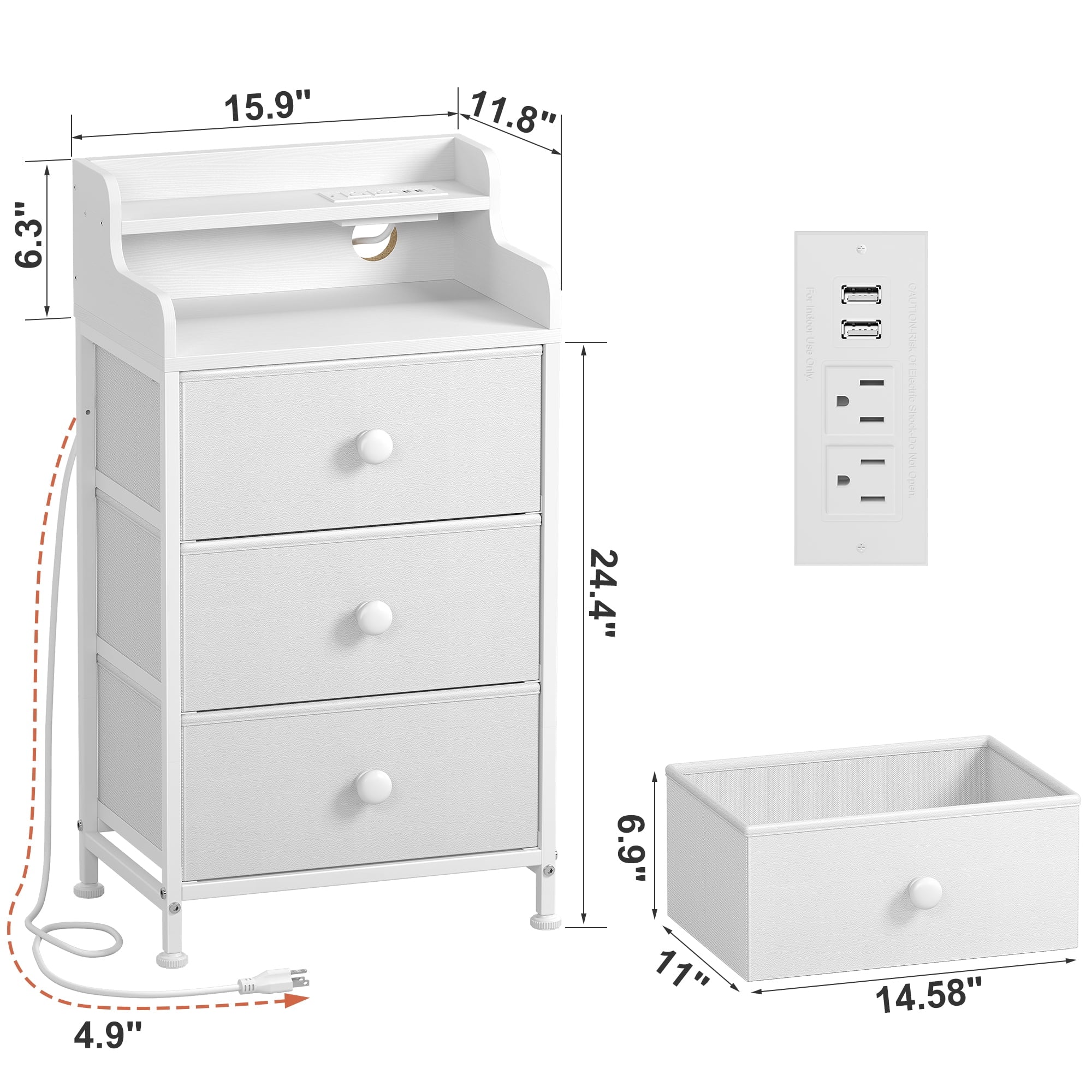 3 Drawers Nightstand with Charging Station, Bedside Table with LED Light, Modern End Side Table for Bedroom Living Room，White