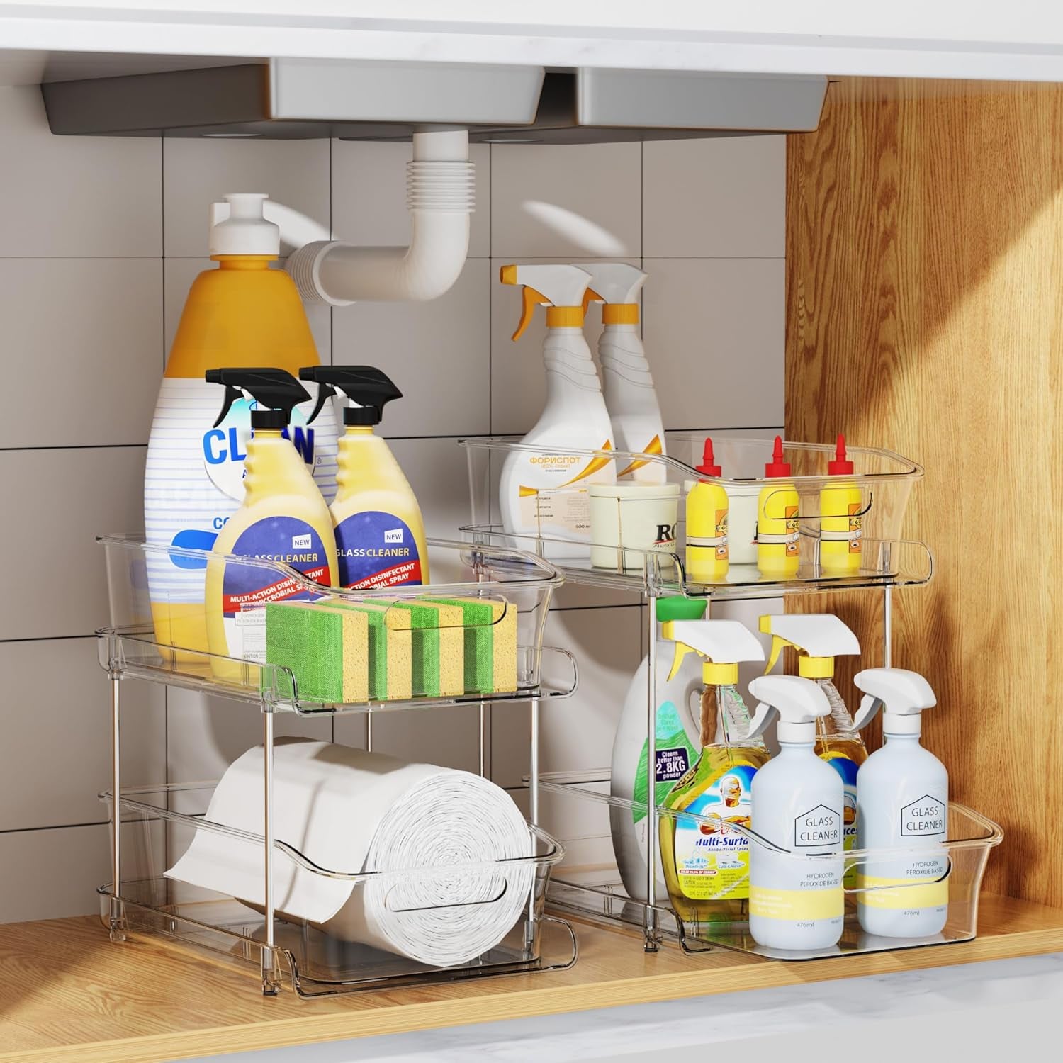 2-Tier under Sink Organizers and Storage, Multi-Purpose Stackable Bathroom Cabinet Organizers, Pull Out Kitchen Pantry Organization and Storage with Dividers(2 Pack, Clear)