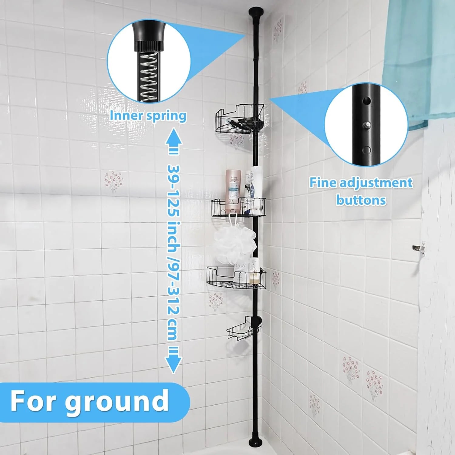Shower Organizer Caddy 39-125" Stainless Steel Shower Shelves Rack for inside Shower Bathroom Bathtub Caddy Rustproof Tension Pole Black
