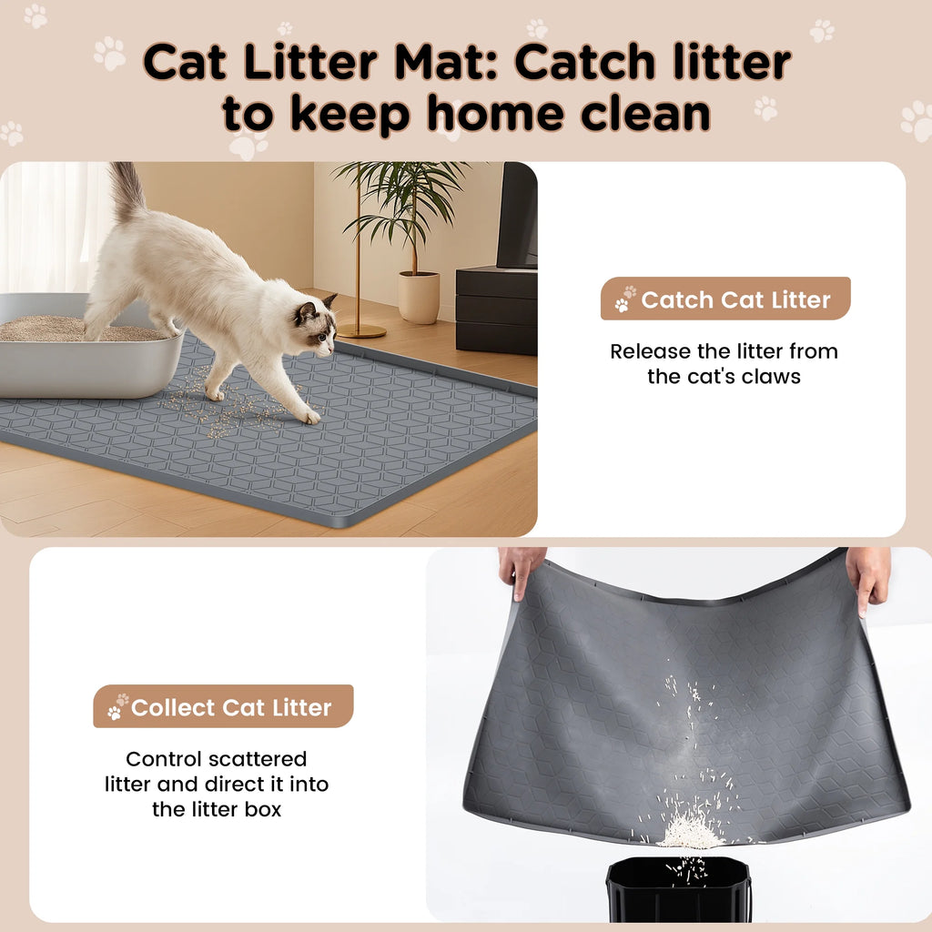 Cat Litter Mat Waterproof, 34" X 23" Non-Slip Silicone Large Cat Litter Mat, Cat Litter Box Mat for Litter Trapping, Easy to Store Kitty Litter Mat, Dark Gray