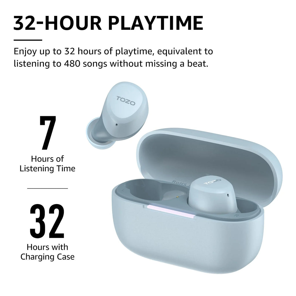 A1 Mini Earbuds Bluetooth Wireless Headphones, 32H, AI Noise Cancelling Mic, Stereo Bass, Clear Calls, Lightweight IPX5 Waterproof, App 32EQ, Blue