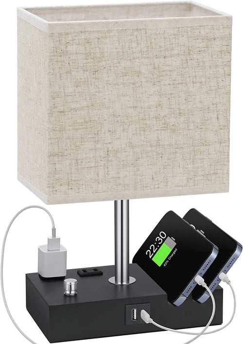 (4 Pack)  Bedside Table Lamp for Bedroom with Dual Fast USB Charging Ports, Fully Dimmable Nightstand Lamps with 2 Phone Stands and 2 Charging Outlets, Desk Lamp with Fabric Shade for Living Room