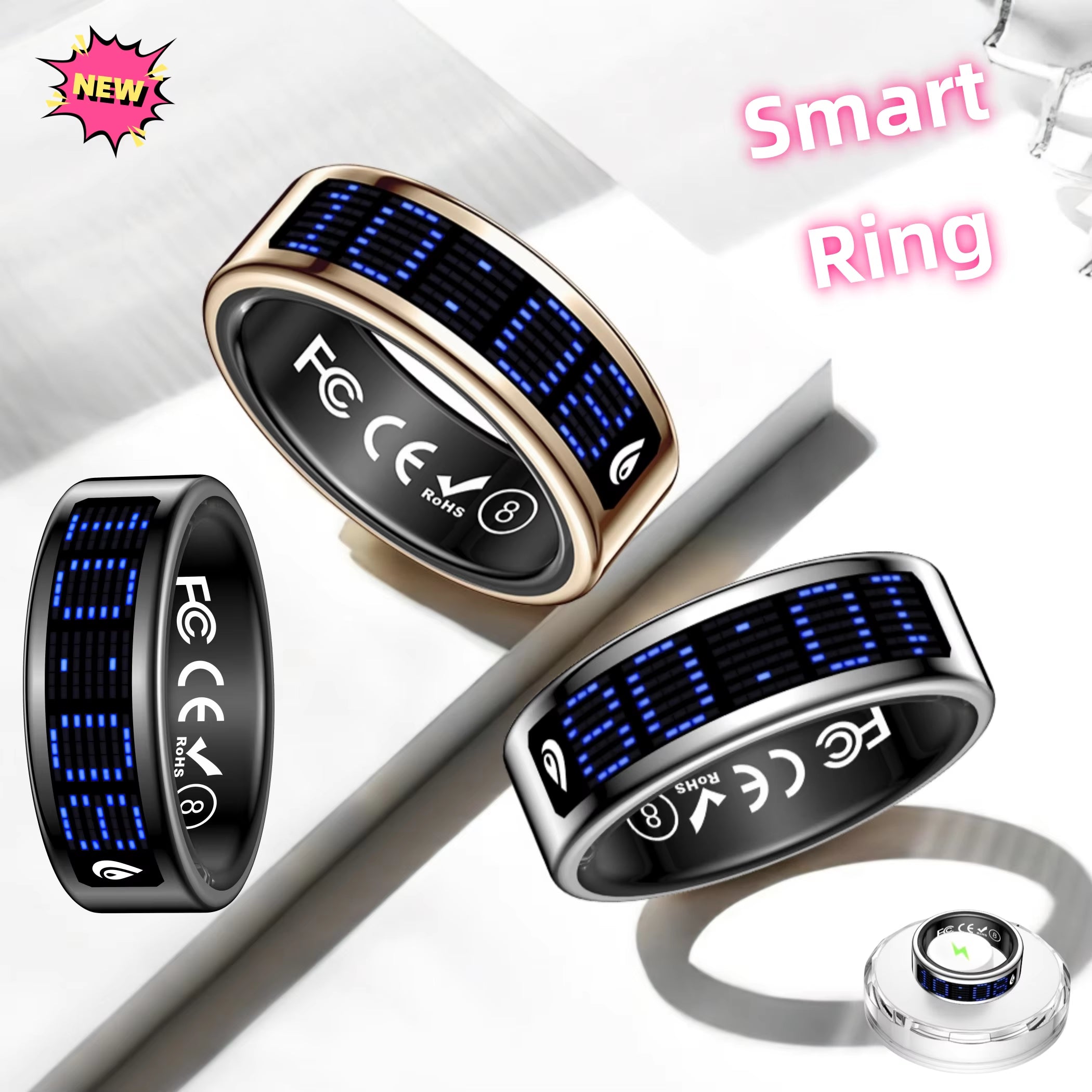 New Style Smart Rings for Men and Women! Dot - Matrix Display & Stylish Charging Base. Track Sports|Sleep|Health, and Women'S Cycles. Call Alerts, Gesture Control. Works with Iphone & Android. IP68 Waterproof.Nice Gift