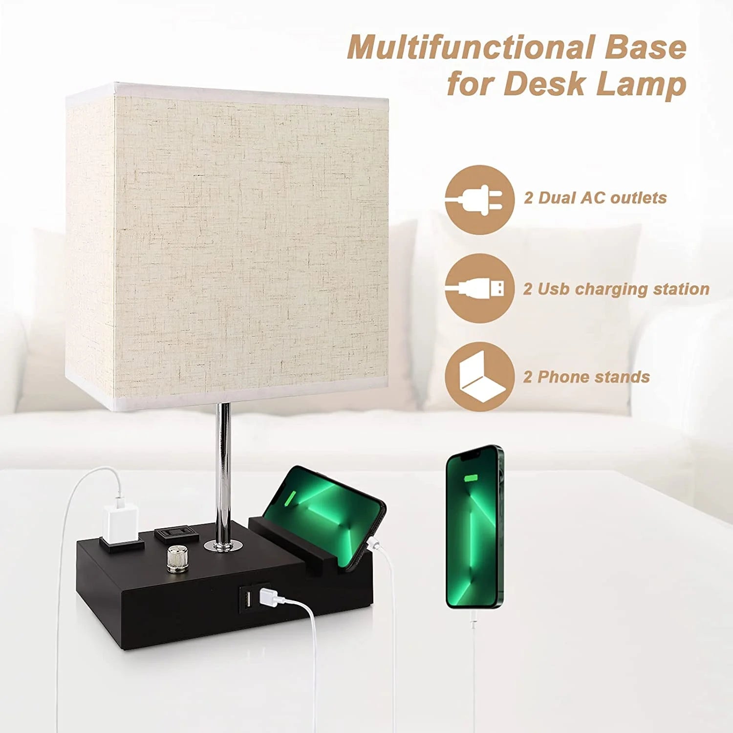 (4 Pack)  Bedside Table Lamp for Bedroom with Dual Fast USB Charging Ports, Fully Dimmable Nightstand Lamps with 2 Phone Stands and 2 Charging Outlets, Desk Lamp with Fabric Shade for Living Room