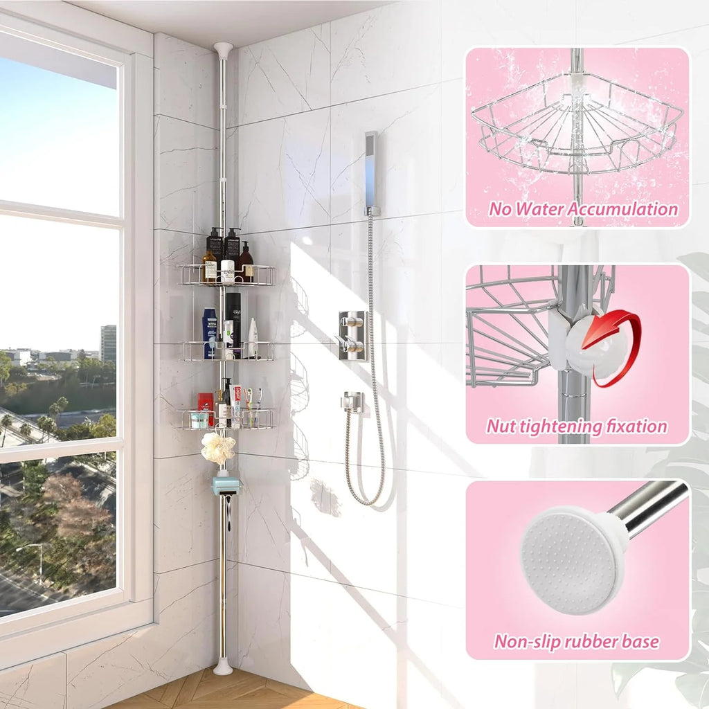 Shower Organizer Caddy 39-125" Stainless Steel Shower Shelves Rack for inside Shower Bathroom Bathtub Caddy Rustproof Tension Pole Silver