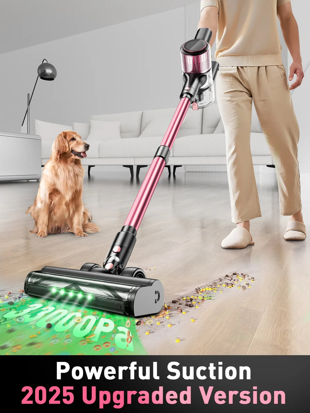 Cordless Vacuum Cleaner, 33Kpa 8 in 1 Lightweight Stick Vacuum, Anti-Tangle Brush with Green Light, 40Mins Runtime Rechargeable Vacuums for Hardwood Floor, Carpet, Pet Hair, Pink