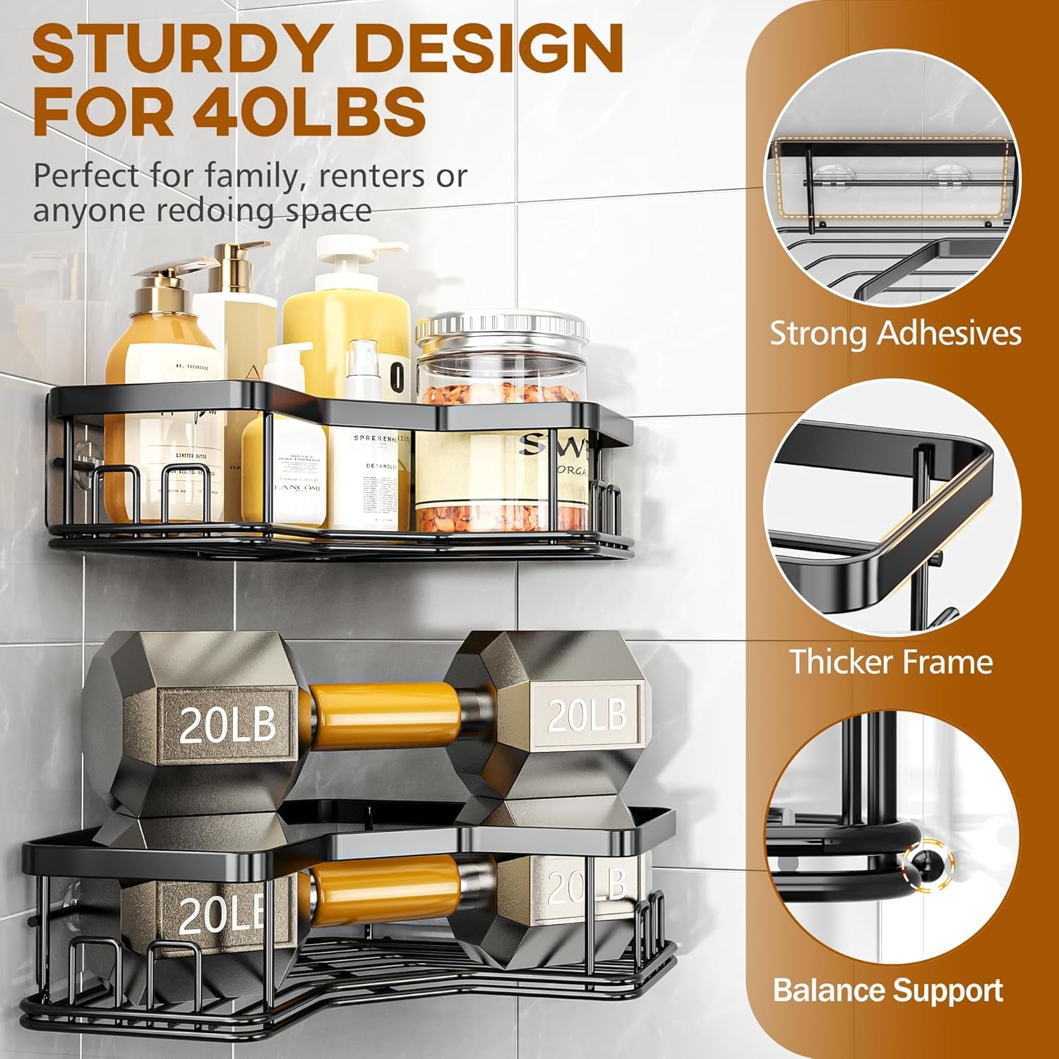 3 Pack Corner Shower Caddy with Soap Holder, Large Capacity Sturdy Easy Install No Drilling Stainless Steel Hold 40 LBS Shower Organizer Shelves Rack Storage for Family Renters Bathroom, Black