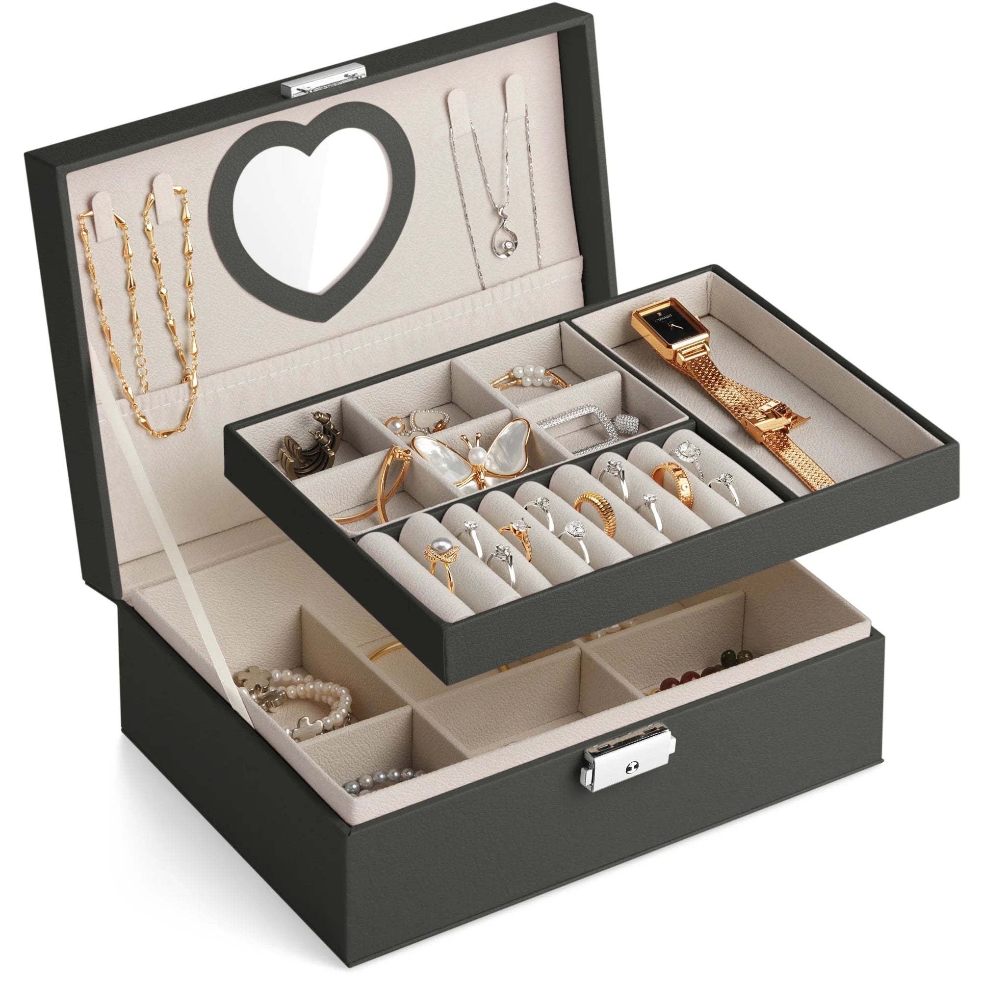 Portable Jewelry Box with Mirror for Women Girls Double Layer Display Storage Organizer Earrings Ring Necklace Watches Bracelets（Black）