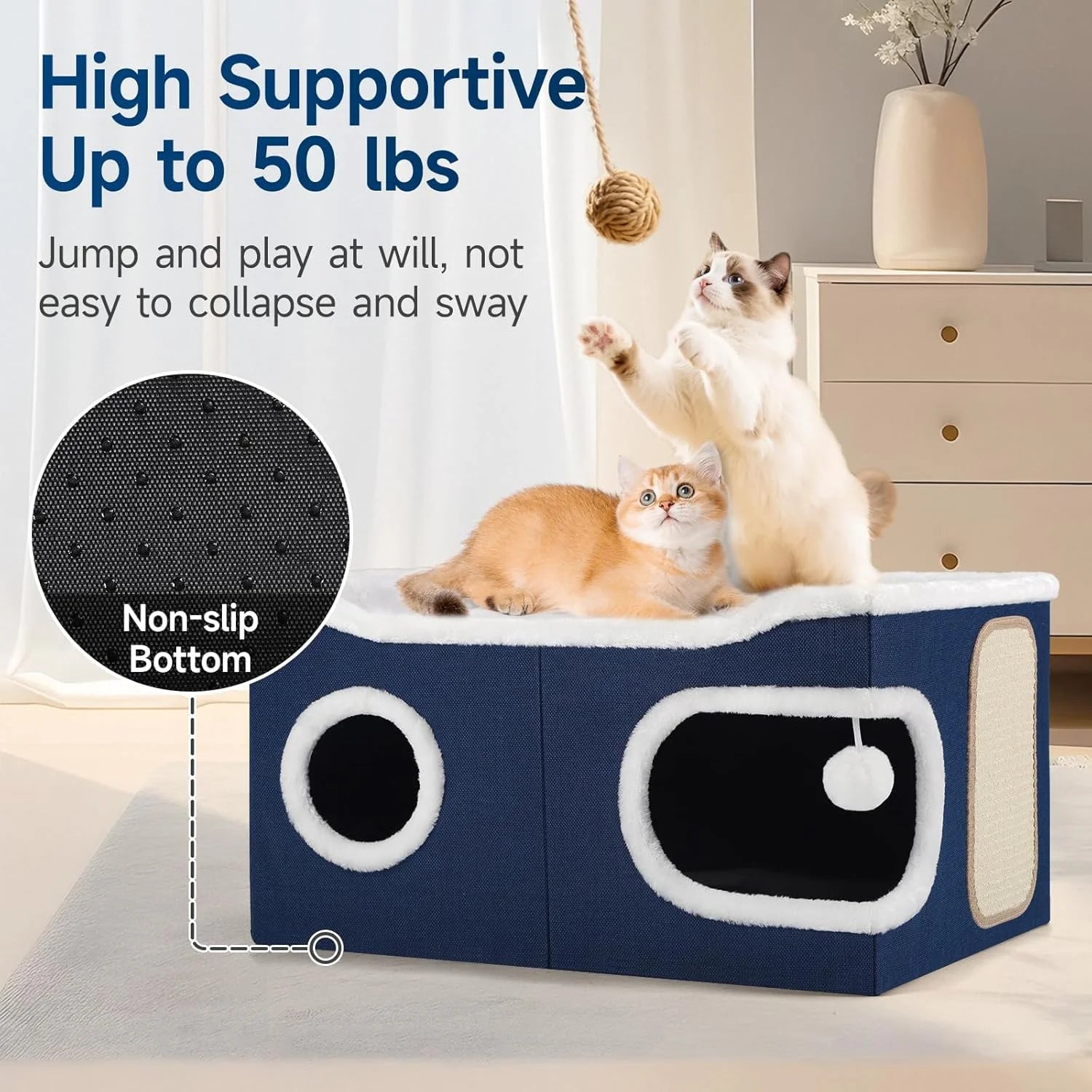 Cat Beds for Indoor Cats, Extra Wide Large Cat House for Pet Cat Cave with Scratch Pad and Fluffy Hanging Ball,Foldable Cat Cube Hideaway,Blue