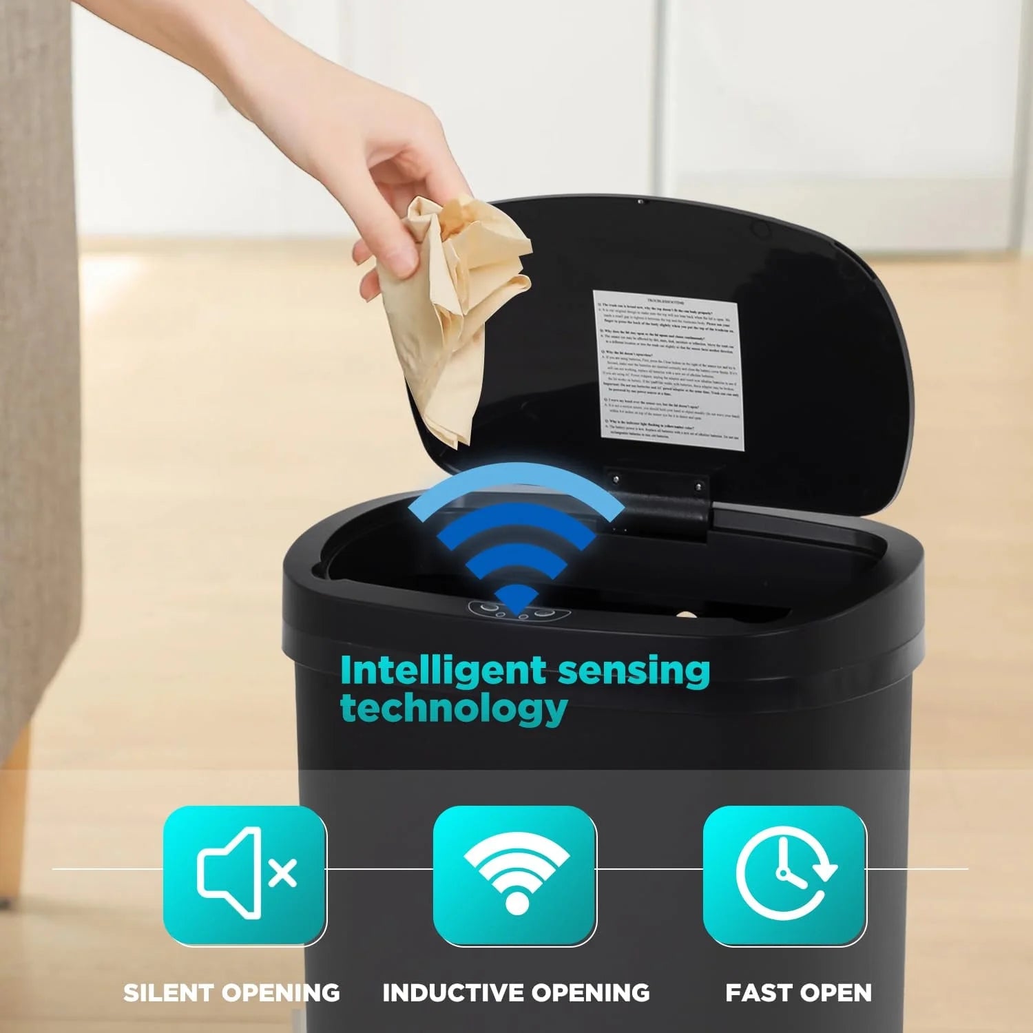 13 Gallon Plastic Touchless Kitchen Trash Can with Motion Sensor for Indoor Use(Black)