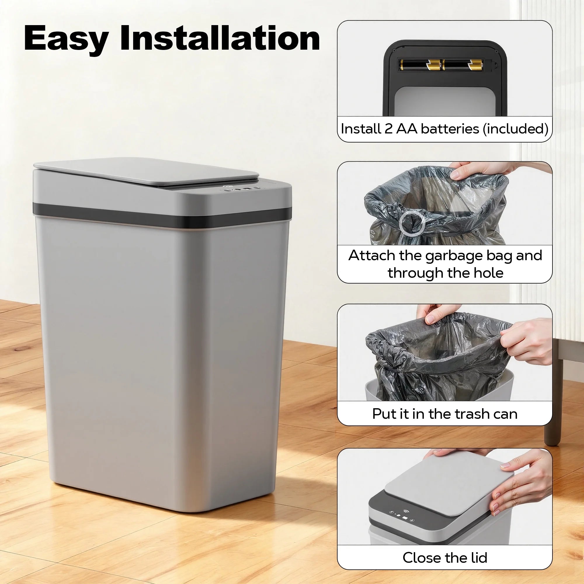 3.5 Gallon Touchless Trash Can, 2-Pack Motion Sensor Waste Bin with Lid, Gray