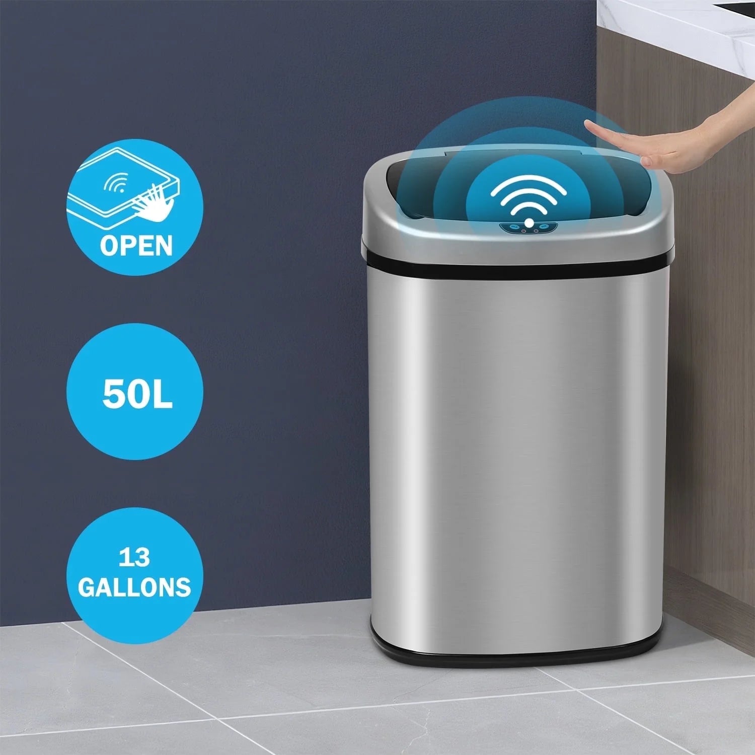 13 Gallon Kitchen Trash Can Automatic Stainless-Steel Garbage Can with Touch-Free & Motion Sensor, Anti-Fingerprint Mute Designed Brushed Waste Bin for Home, Silver
