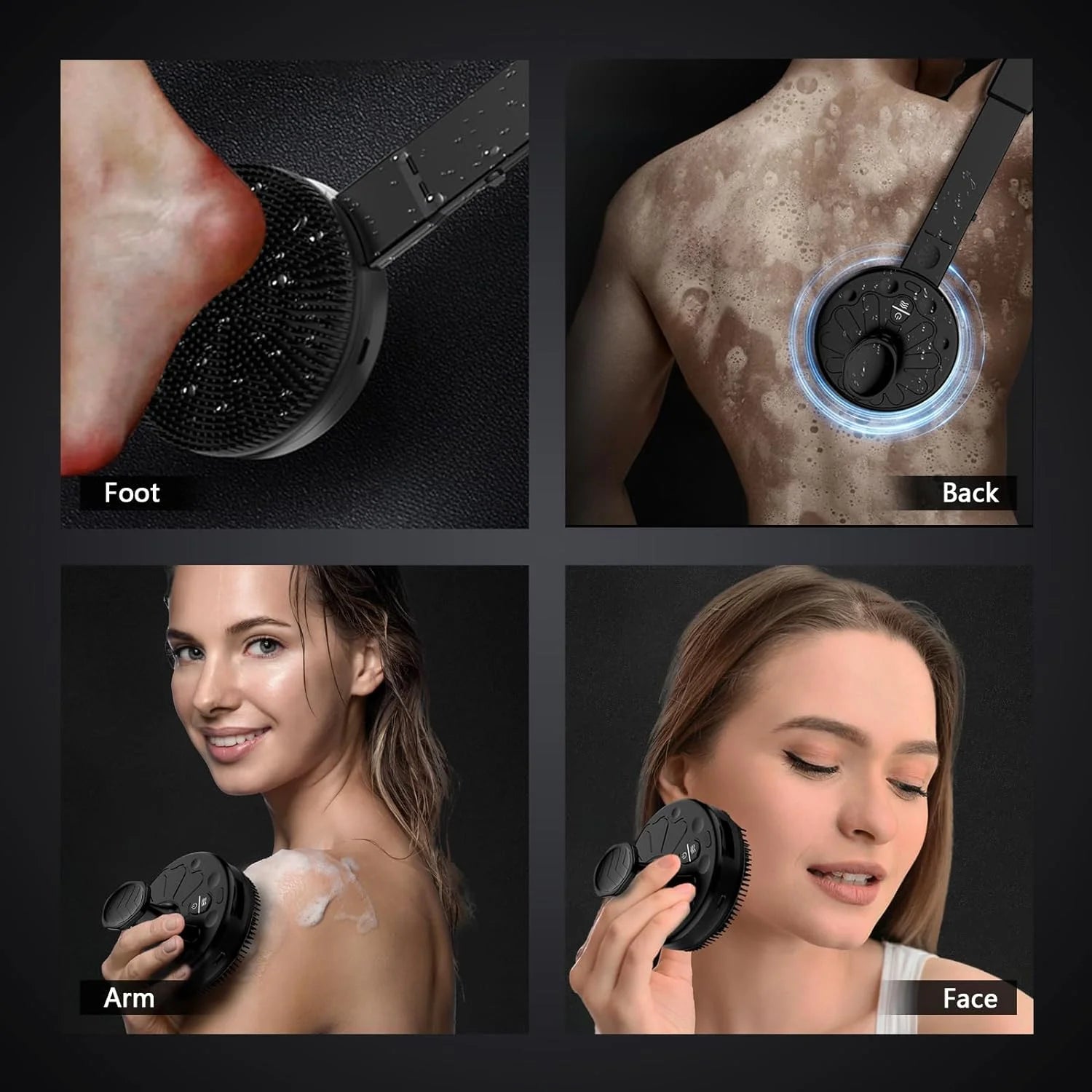 Upgraded Electric Body Scrubber, Sonic Scrubber Pro - Water Resistant, 4 Settings, 2 Speeds & 2 Modes, Massage Brush with Charcoal Infused Silicone Bristles for Deep Clean