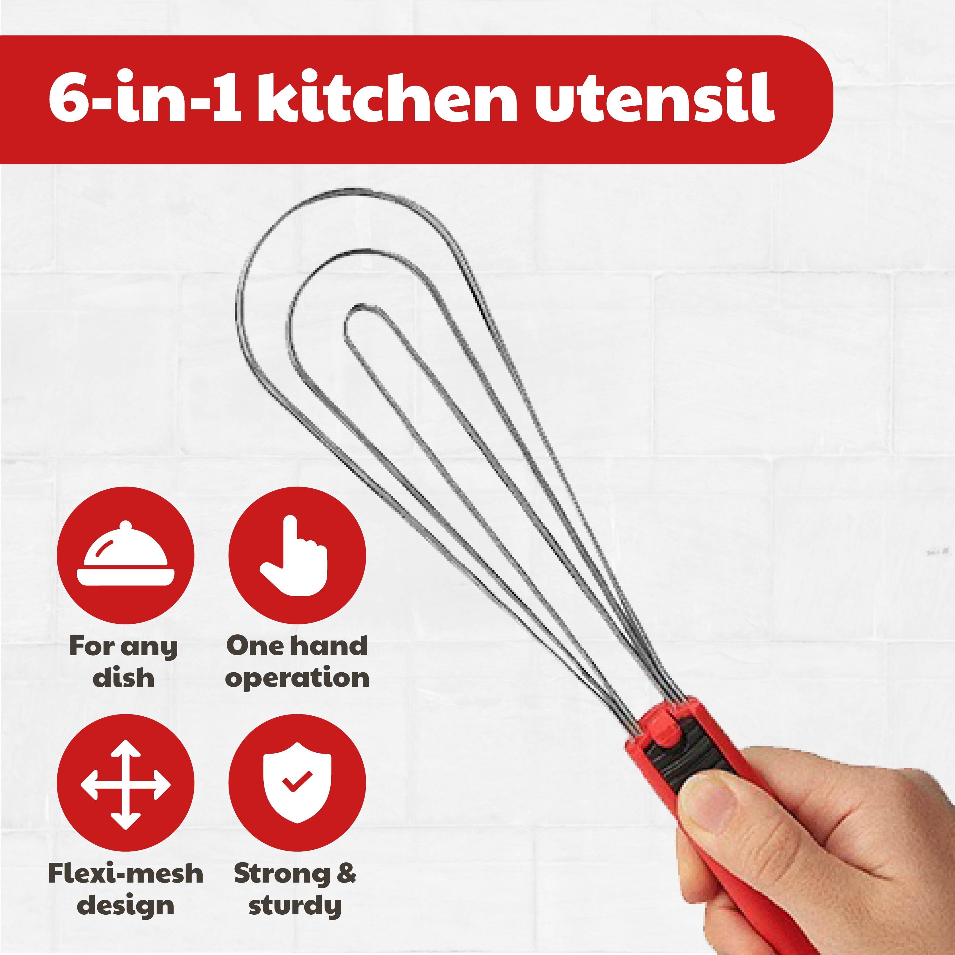 Foodie Tongs for Cooking - Dishwasher Safe 6-In-1 Kitchen Gadget - Red