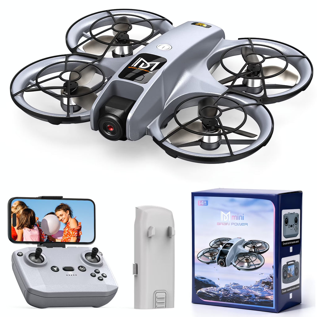 M2 Drone with HD Camera for Kids, One-Key Takeoff and Landing, 360° Flip, Headless Mode, Optical Flow Hover, Brushless Motor, 2 Batteries, Gray