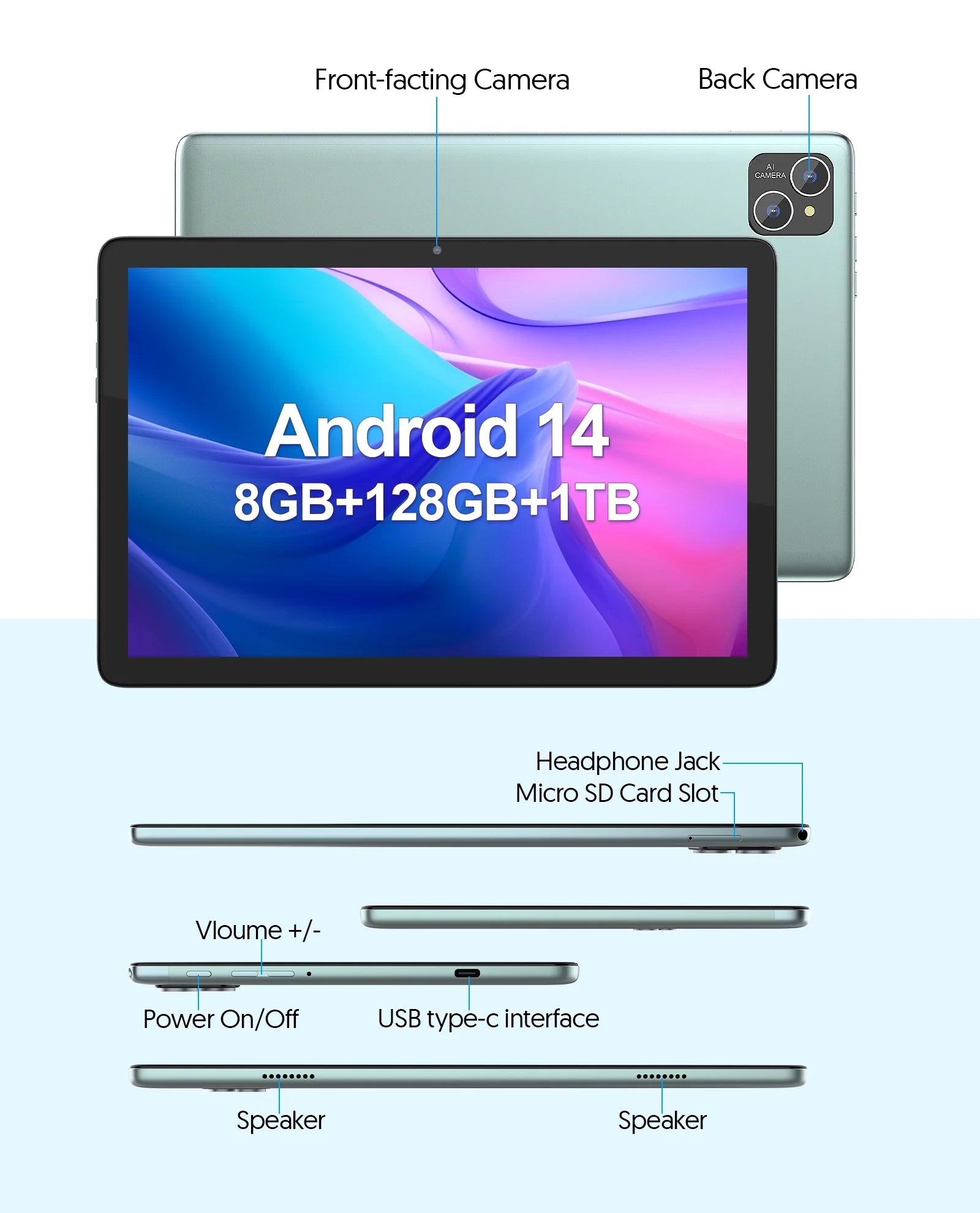 Android 14 Tablet 10 Inch Tablets,128Gb ROM+8(4+4)GB RAM,1TB Expand,8-Core,8000Mah Battery