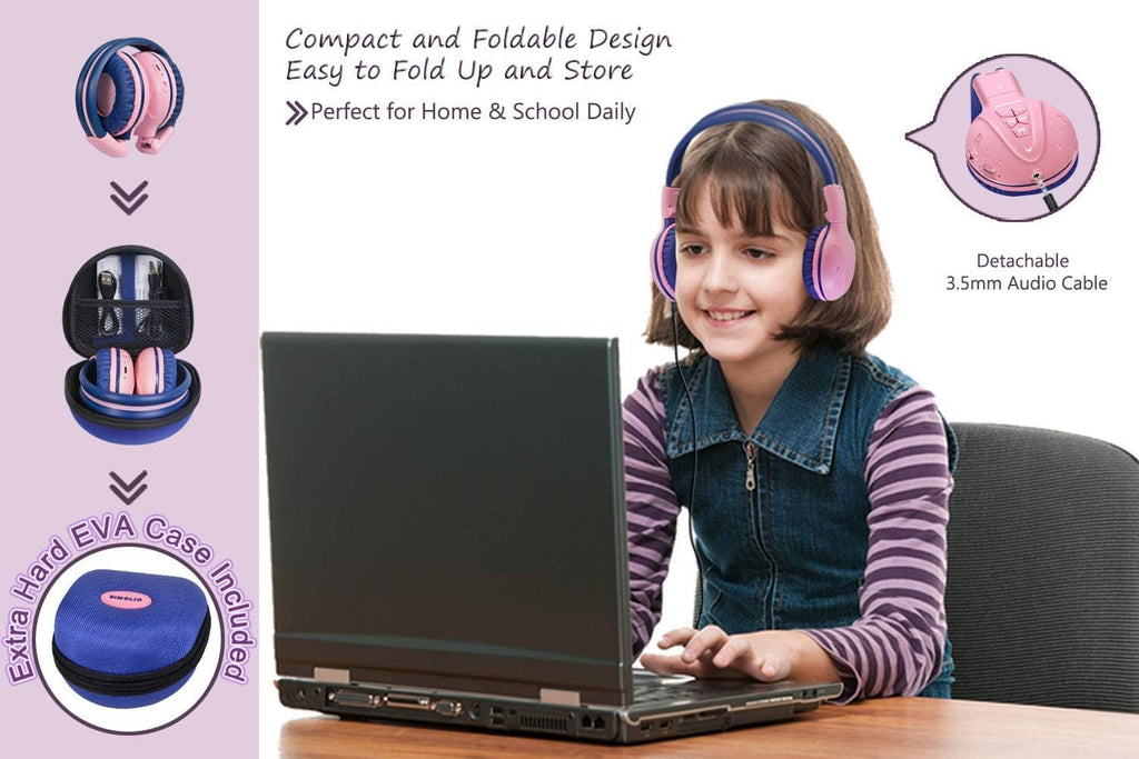 Kids Wireless Headphones Girls with Volume Limited, Bluetooth Headphones with Microphone, Foldable and Adjustable, Stereo Wireless Over-Ear Headset for Children Ipad Kindle Fire Tablet Pink