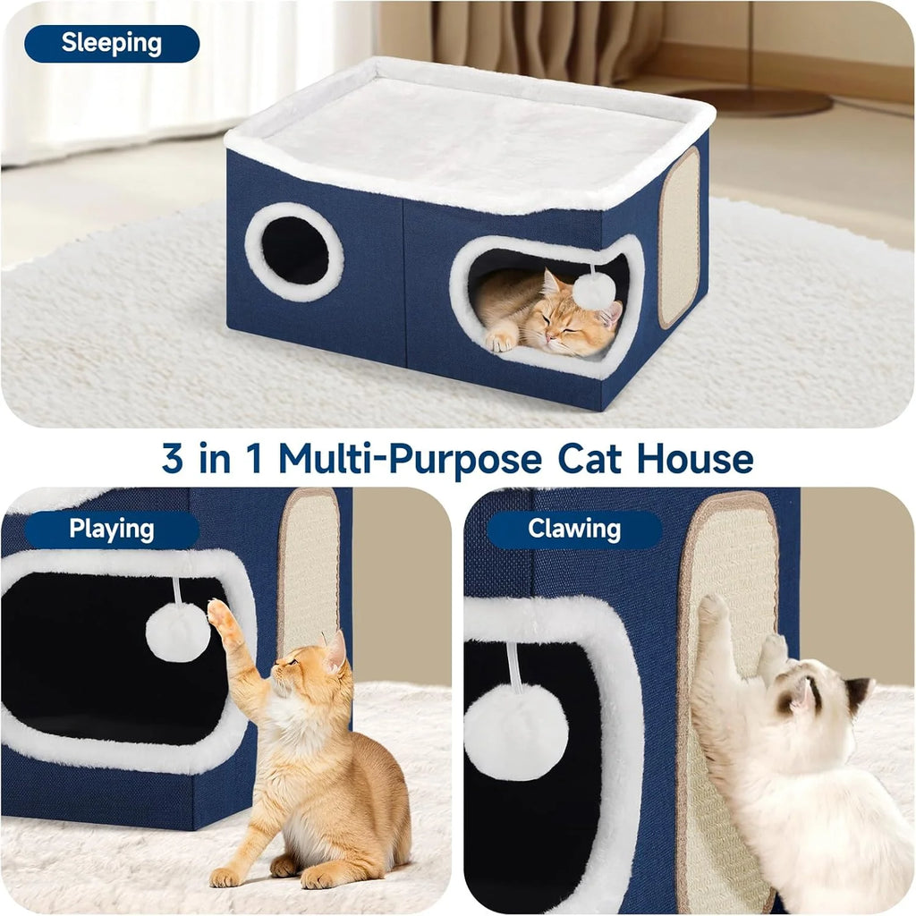 Cat Beds for Indoor Cats, Extra Wide Large Cat House for Pet Cat Cave with Scratch Pad and Fluffy Hanging Ball,Foldable Cat Cube Hideaway,Blue