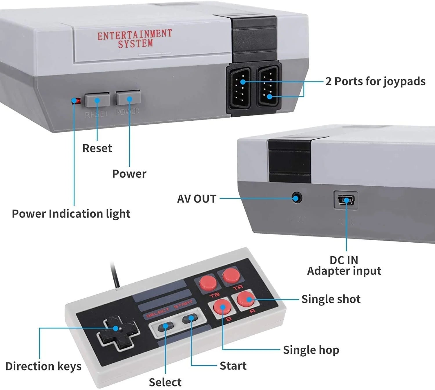 Mini Game Console with NES Dual Controllers, Gray