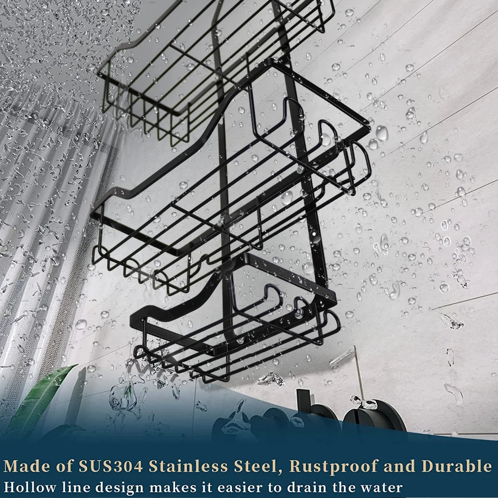 Anti-Swing Hanging Shower Caddy, over Head Shower Organizer Rustproof with Hooks for Towels, Sponge and More, Stainless Steel Black