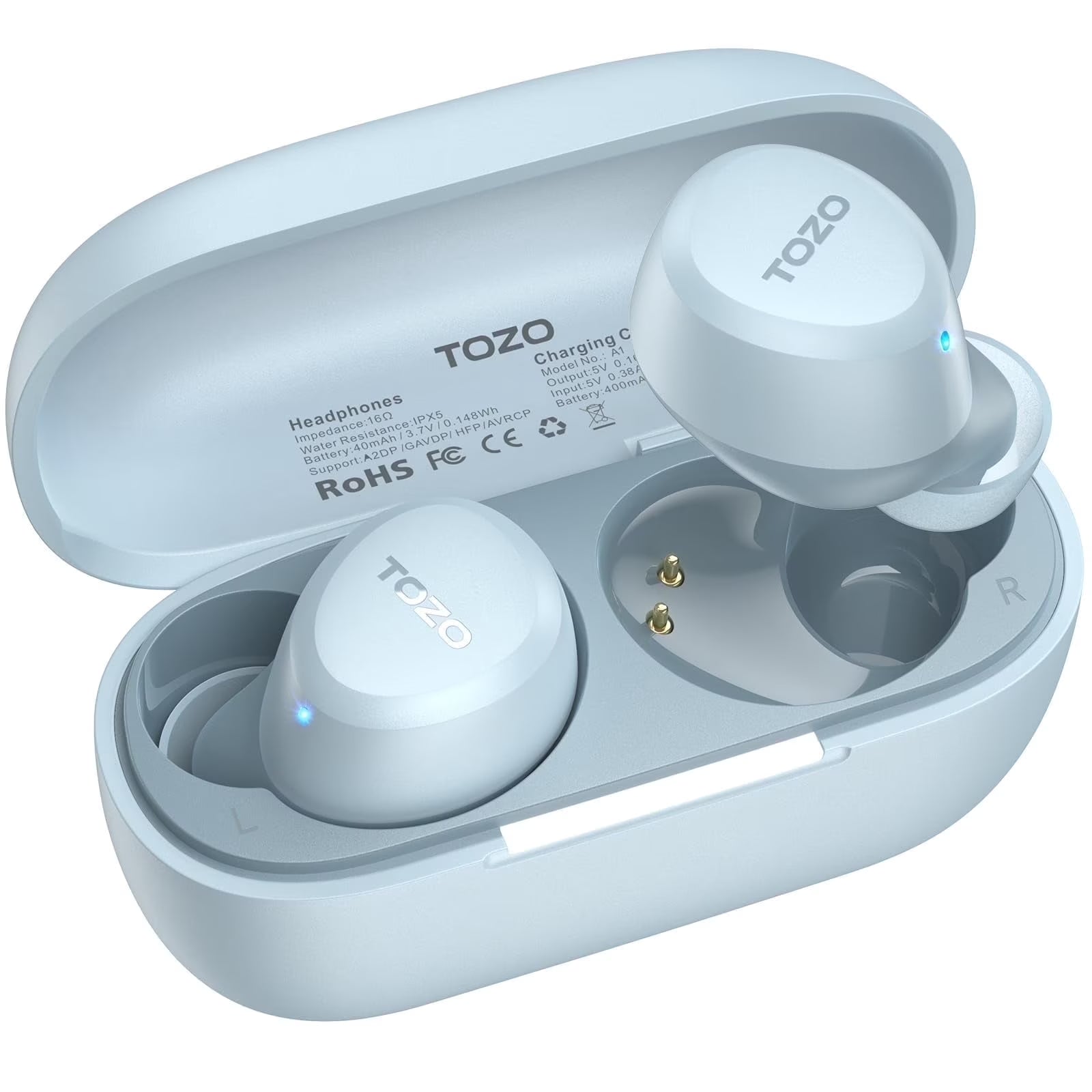 A1 Mini Earbuds Bluetooth Wireless Headphones, 32H, AI Noise Cancelling Mic, Stereo Bass, Clear Calls, Lightweight IPX5 Waterproof, App 32EQ, Blue
