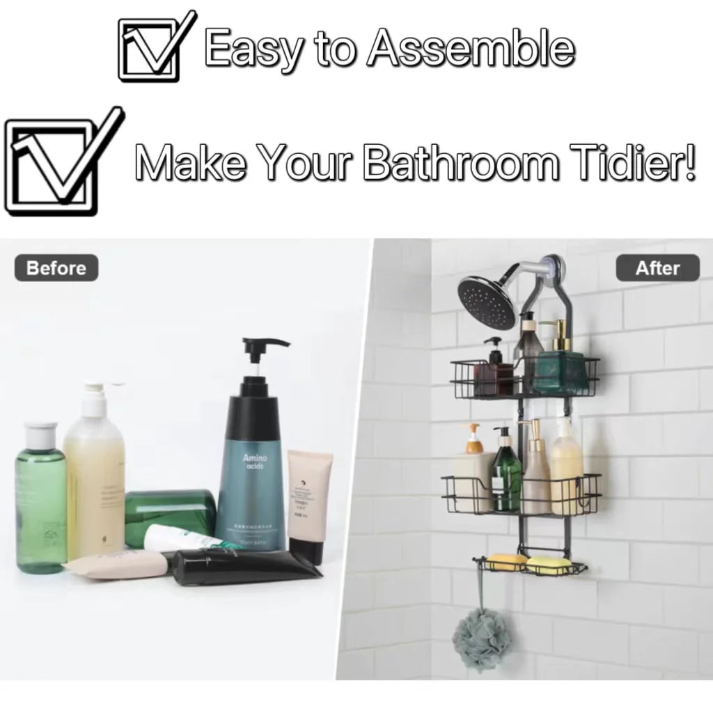 Over Head Shower Organizer, 3 Shelves Hanging Shower Caddy with Hooks, Bathroom Storage Rack for Razor Shampoo and Sponge, Rustproof, No Drilling, Black