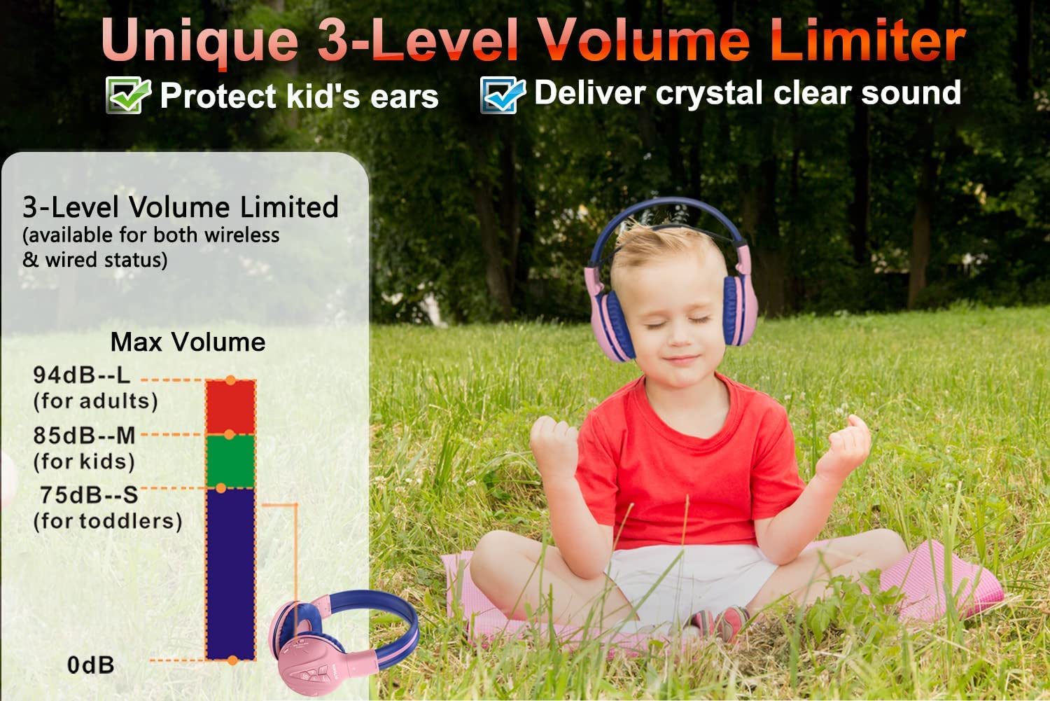 Kids Wireless Headphones Girls with Volume Limited, Bluetooth Headphones with Microphone, Foldable and Adjustable, Stereo Wireless Over-Ear Headset for Children Ipad Kindle Fire Tablet Pink