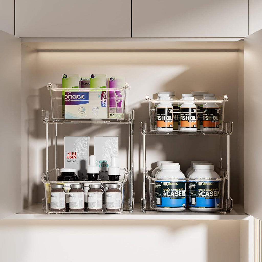 2-Tier under Sink Organizers and Storage, Multi-Purpose Stackable Bathroom Cabinet Organizers, Pull Out Kitchen Pantry Organization and Storage with Dividers(2 Pack, Clear)
