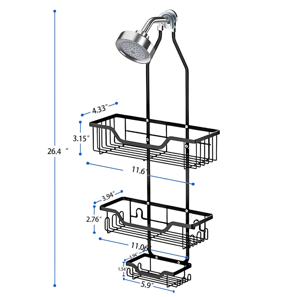 Anti-Swing Hanging Shower Caddy, over Head Shower Organizer Rustproof with Hooks for Towels, Sponge and More, Stainless Steel Black