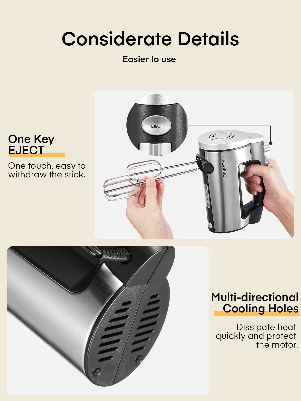 Hand Mixer Electric 6 Speed 300W Turbo Kitchen Handheld Mixer Self-Control Speed Stainless Steel for Easy Whipping Dough, Cream, Cake