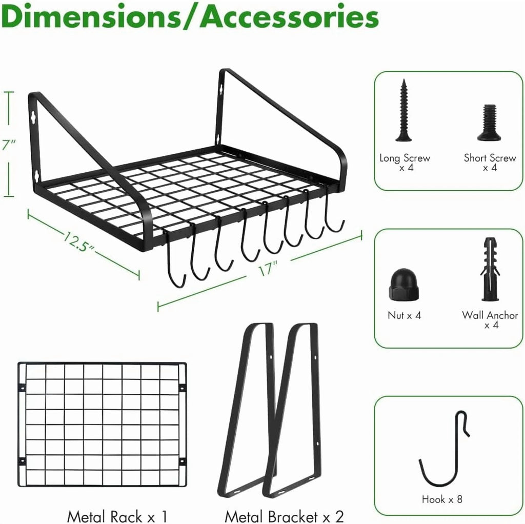 Black Steel Wall Mounted Hanging Pot Rack with 8 Hooks for Kitchen Cookware and Utensils, 2 DIY Methods