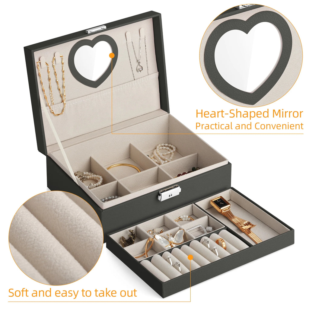 Portable Jewelry Box with Mirror for Women Girls Double Layer Display Storage Organizer Earrings Ring Necklace Watches Bracelets（Black）