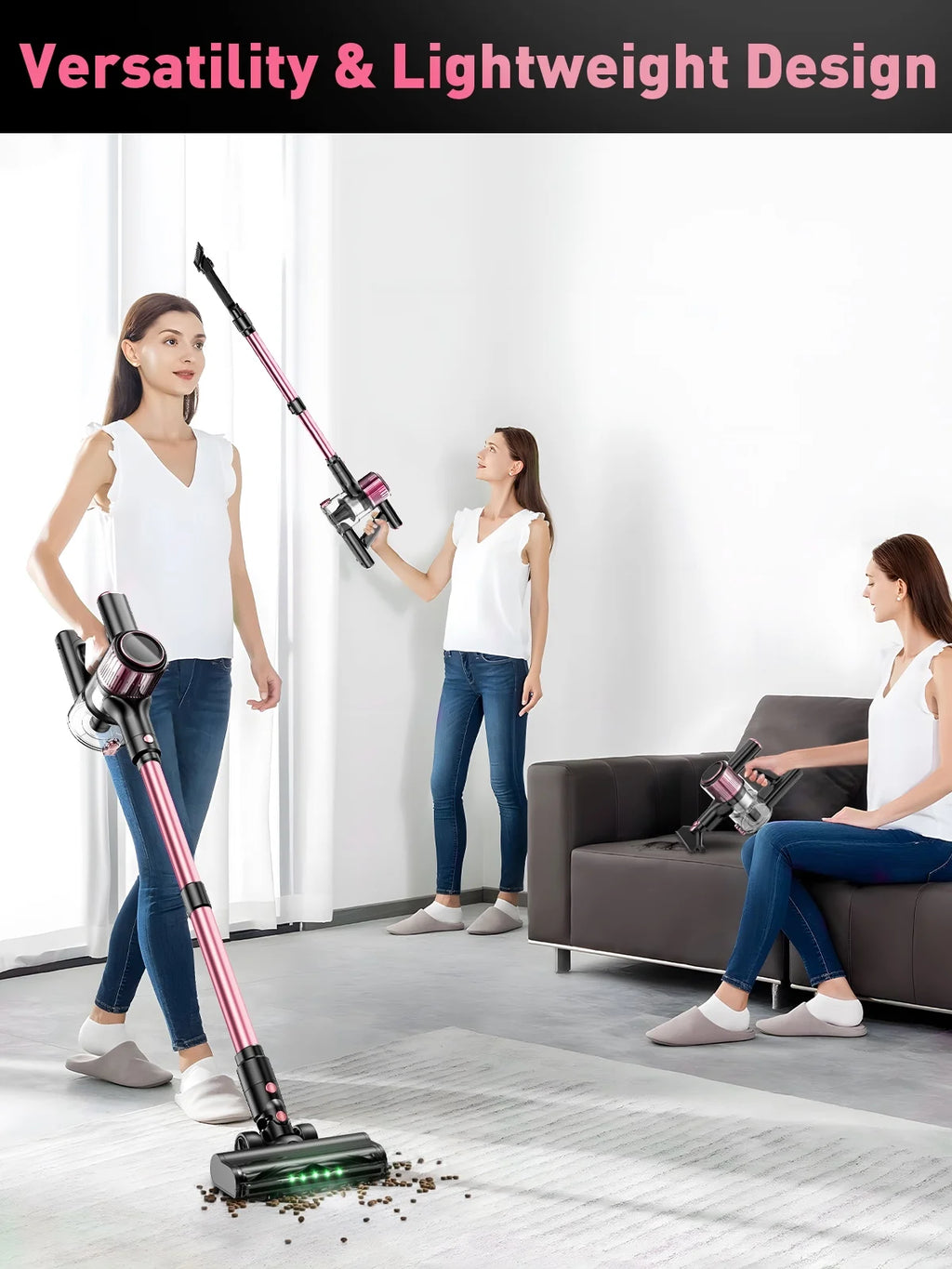 Cordless Vacuum Cleaner, 33Kpa 8 in 1 Lightweight Stick Vacuum, Anti-Tangle Brush with Green Light, 40Mins Runtime Rechargeable Vacuums for Hardwood Floor, Carpet, Pet Hair, Pink