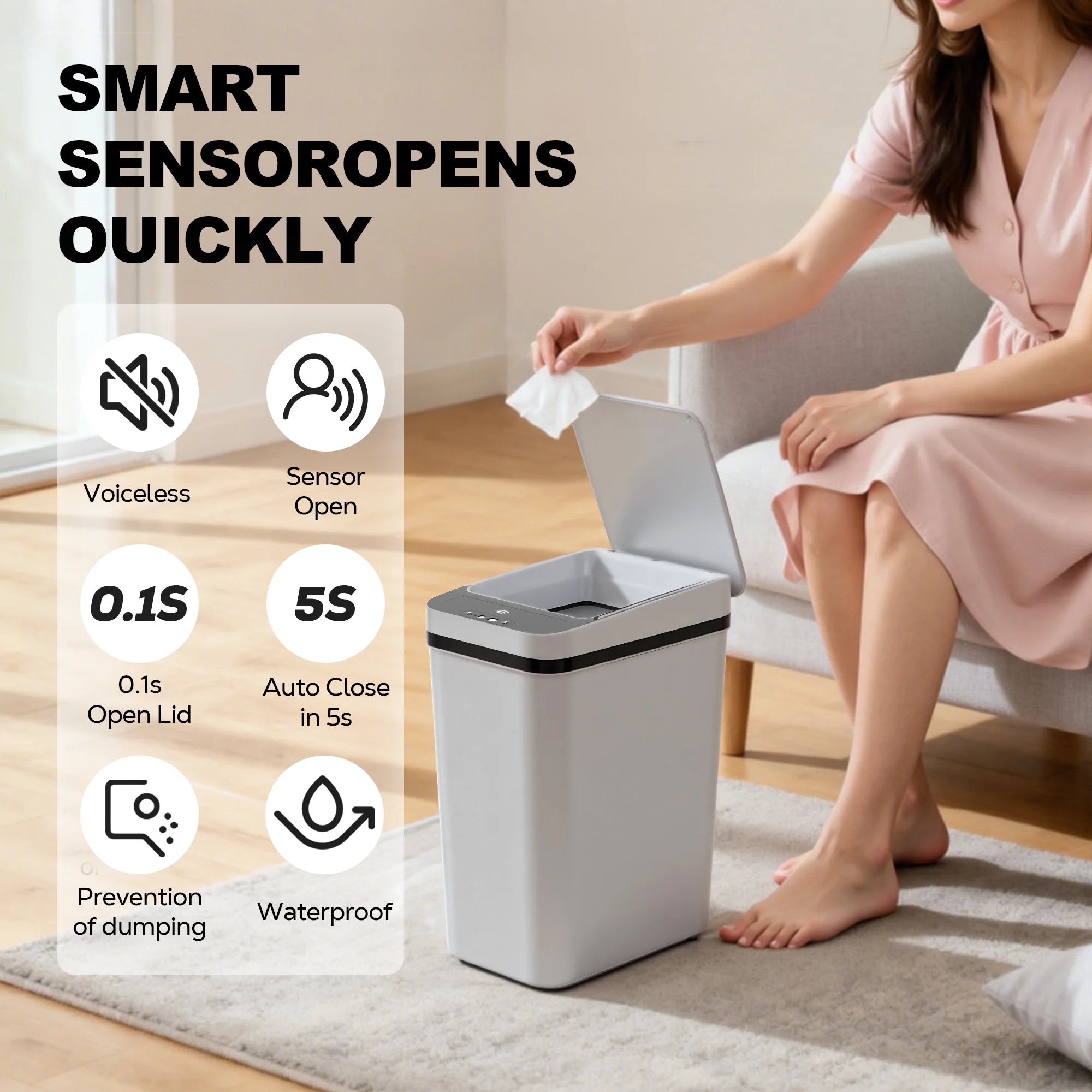 3.5 Gallon Touchless Trash Can, 2-Pack Motion Sensor Waste Bin with Lid, Gray