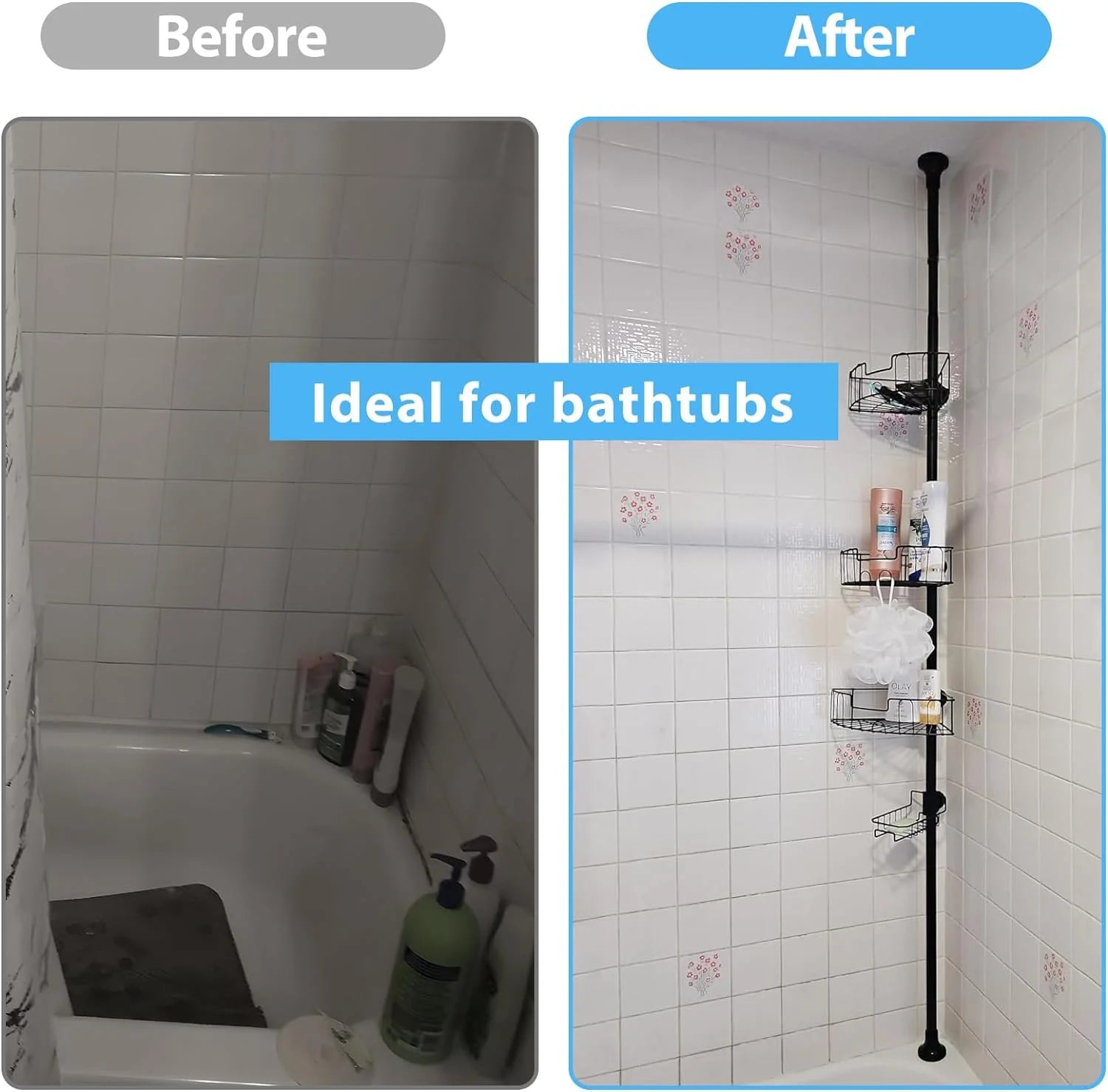 Shower Organizer Caddy 39-125" Stainless Steel Shower Shelves Rack for inside Shower Bathroom Bathtub Caddy Rustproof Tension Pole Black