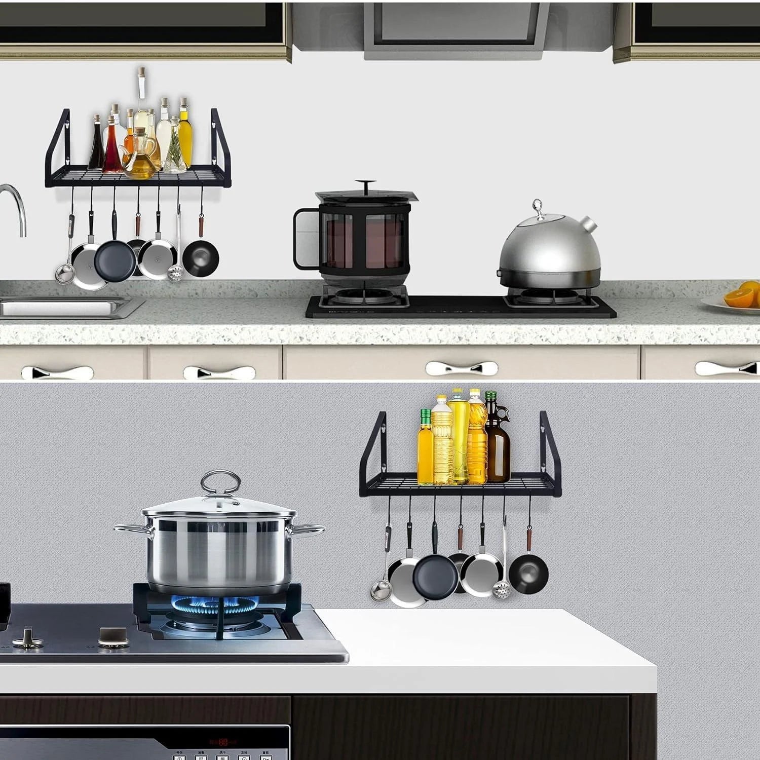 Black Steel Wall Mounted Hanging Pot Rack with 8 Hooks for Kitchen Cookware and Utensils, 2 DIY Methods