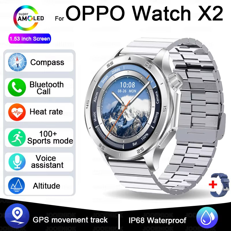 OPPO New Watch X2 Bluetooth Call Smart Watch Men GPS Sports Fitness Heart Rate AI Voice Assistant Smartwatches Android IOS